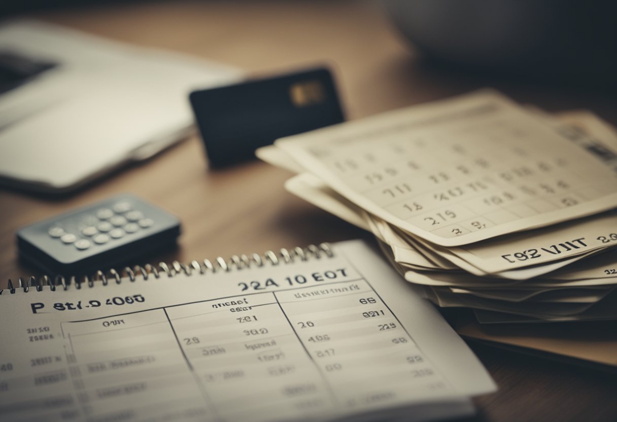 A pile of bills and credit card statements, a calendar with 30 days crossed off, and a ladder with steps labeled "pay off debt", "monitor credit report", "create a budget"