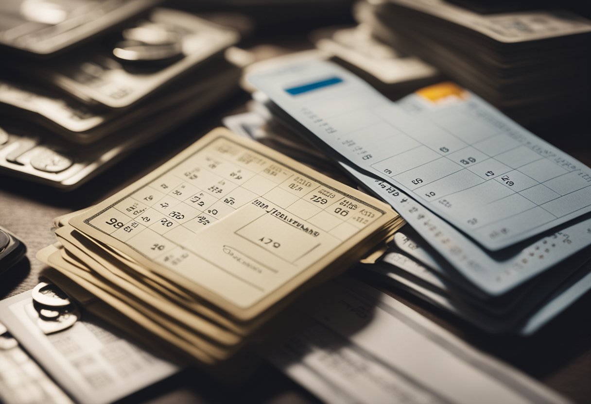 A stack of bills and credit cards being organized into a neat pile, with a calendar showing 30 days and a progress chart tracking financial transformation