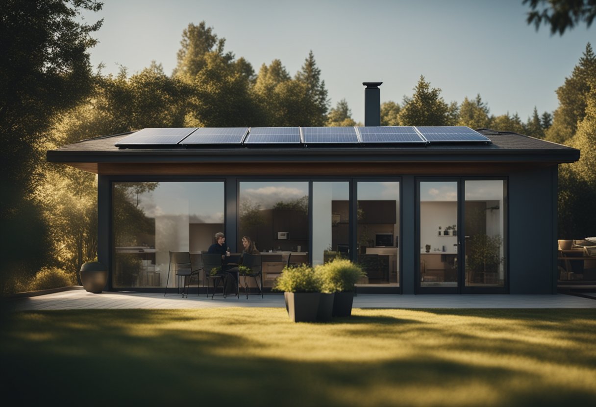 A cozy home with energy-efficient appliances, LED lighting, and smart thermostats. Solar panels on the roof and insulated windows. A budget tracker and energy-saving tips on the fridge