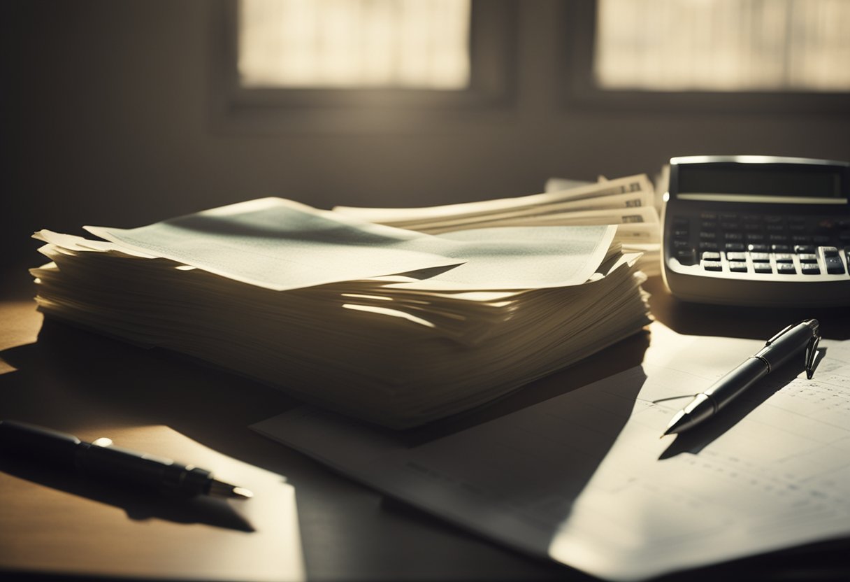 A stack of bills sits on a cluttered desk, a calculator and pen nearby. A calendar on the wall shows 30 days. Light streams in through a window, casting shadows on the papers
