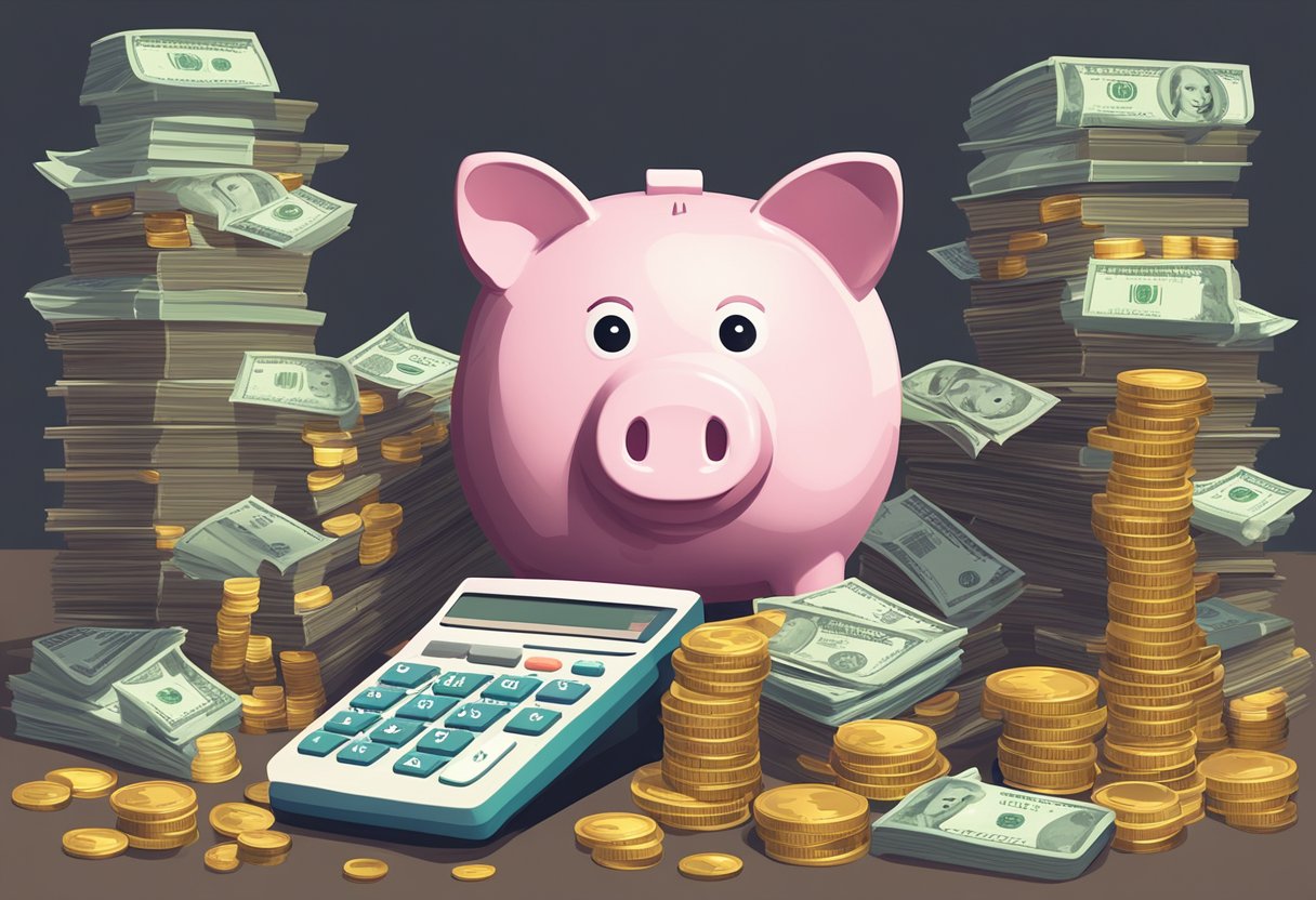 A piggy bank surrounded by stacks of coins and dollar bills, with a calculator and financial planning books nearby