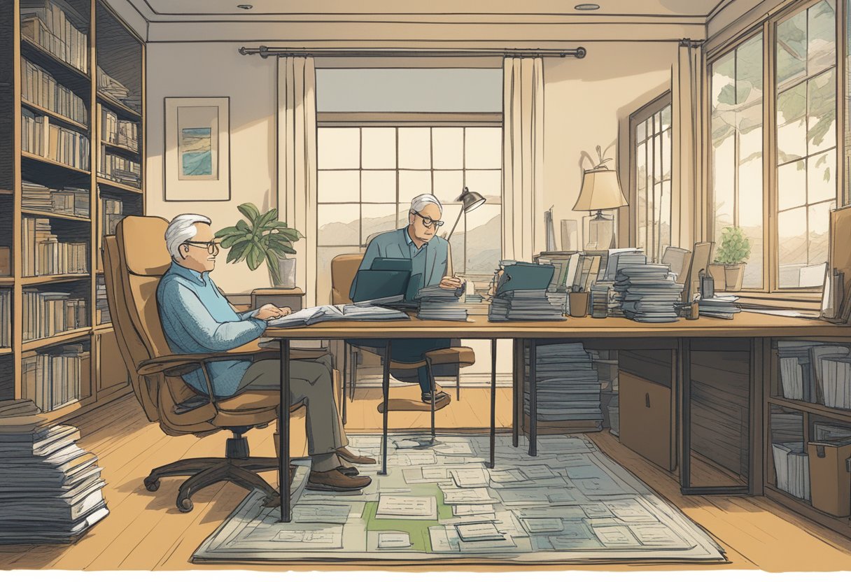 A serene setting with a calculator, financial documents, and a comfortable chair. A person visually organizing their retirement plan with a focused expression