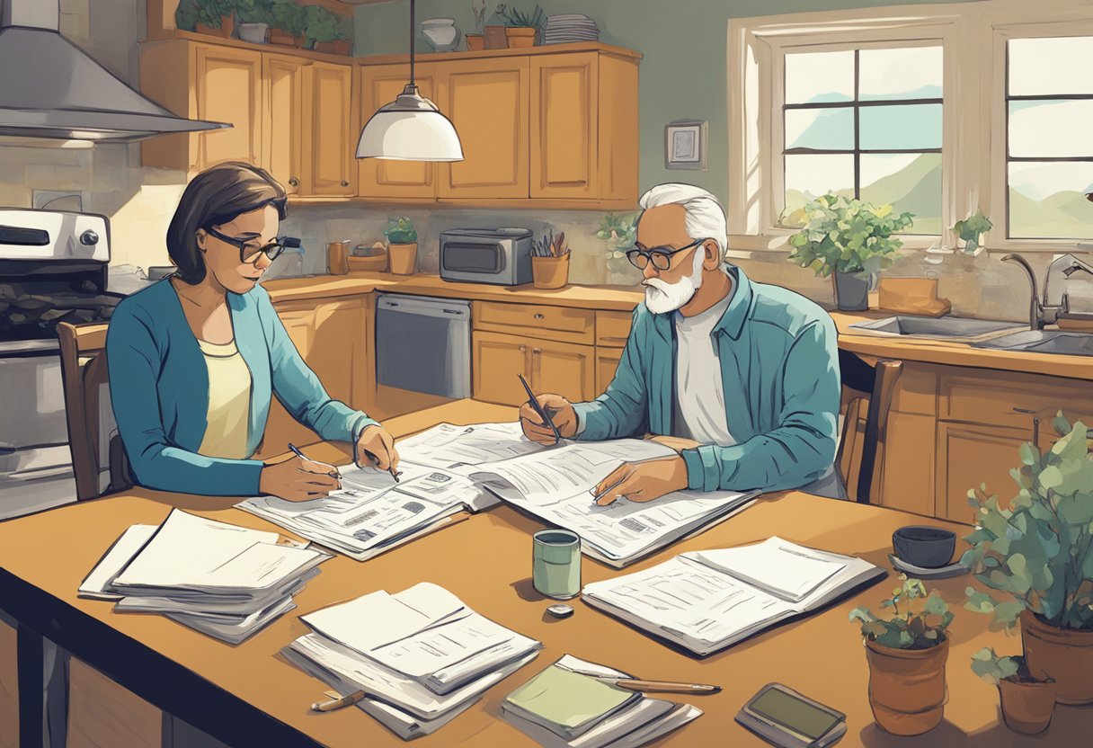 A couple sits at a kitchen table, surrounded by papers and calculators. They are discussing retirement income options and making notes on a notepad