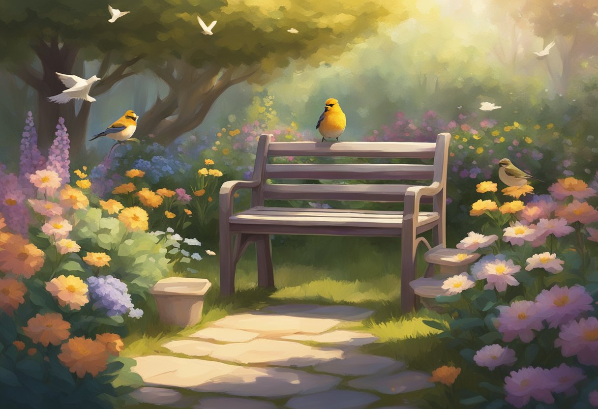 A peaceful, sunlit garden with a cozy bench, a stack of financial planning books, and a calculator surrounded by blooming flowers and chirping birds