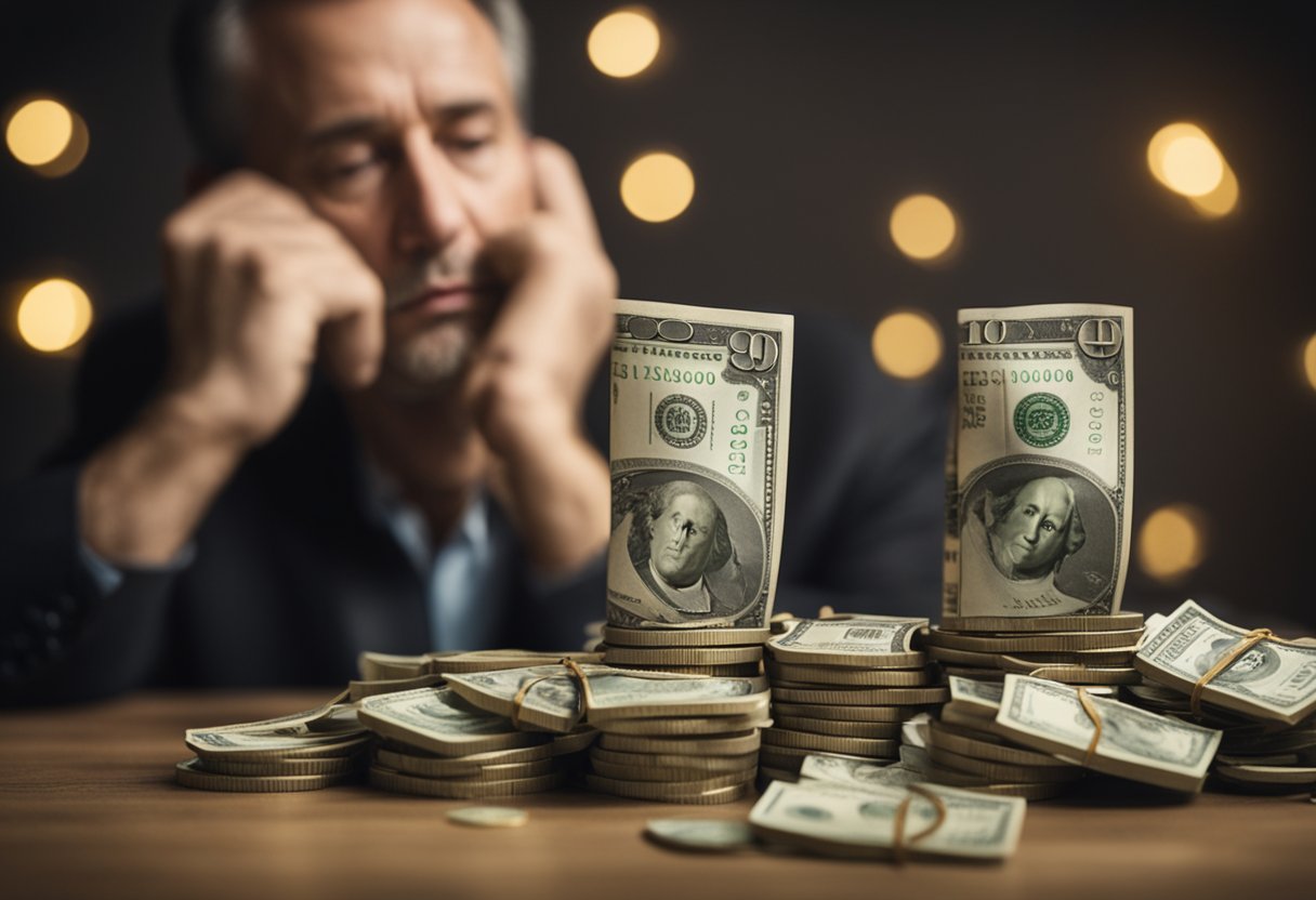 A person in their 40s staring at a pile of money in one investment, while other potential opportunities sit untouched