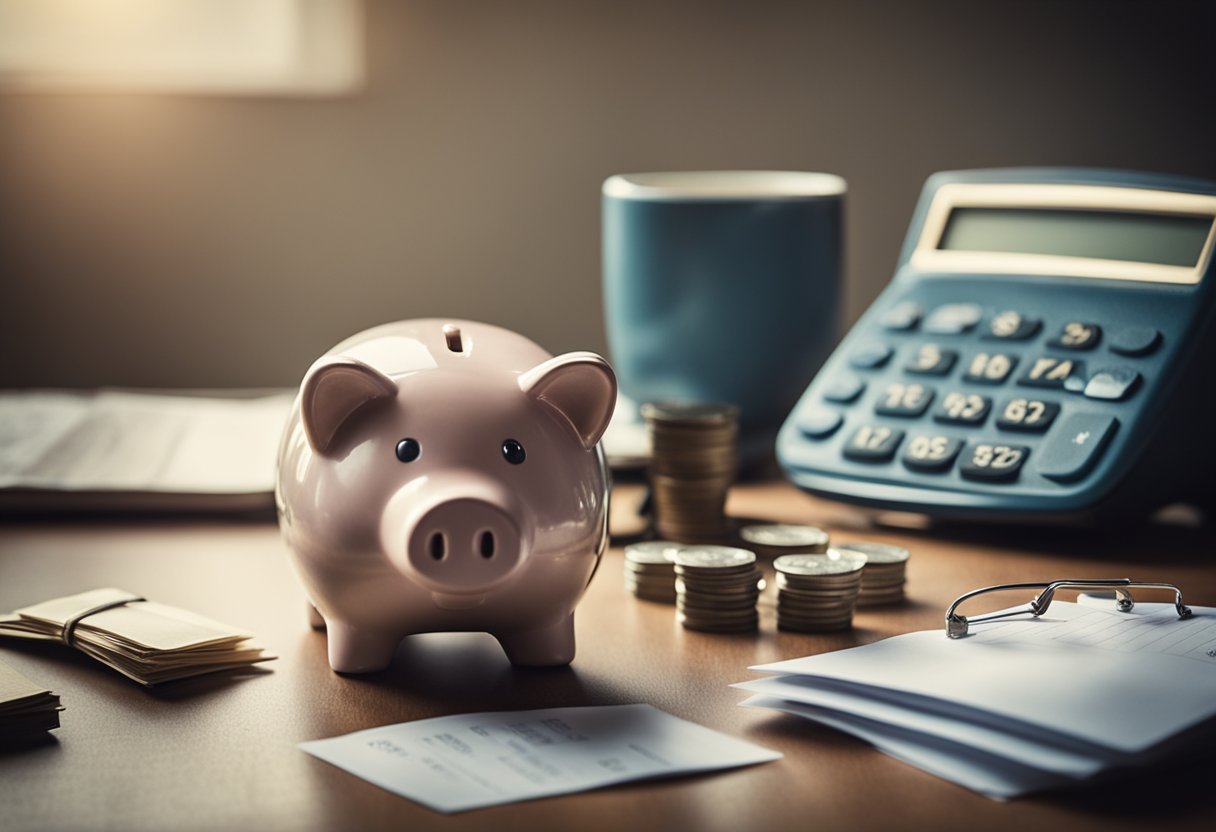 A cluttered desk with unpaid bills and no retirement savings plan. An empty piggy bank and a calendar showing no financial planning