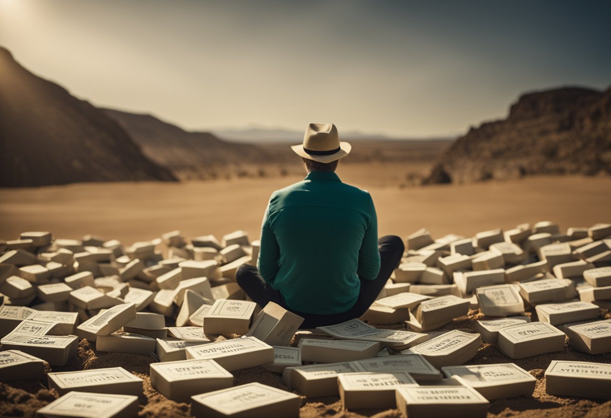 A person overlooking a pile of missed tax-advantaged savings opportunities, while three warning signs highlight major financial mistakes for people over 40