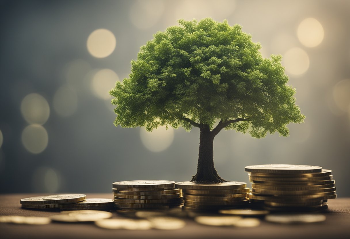 A stack of cash and a growing tree symbolize income and wealth, illustrating the concept of building wealth