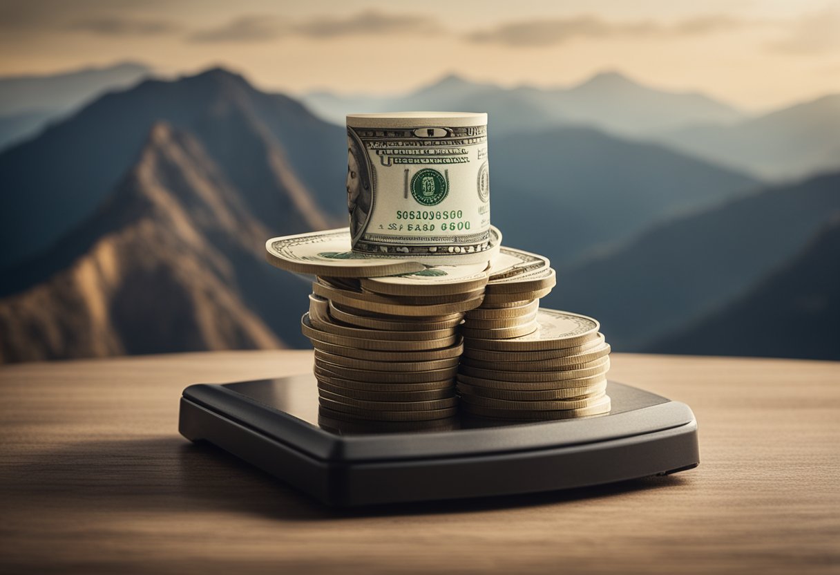 A stack of money sits on one side of a scale, while a mountain of debt sits on the other, symbolizing the role of debt in wealth accumulation