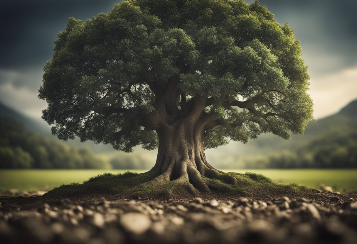 A large, sturdy oak tree with deep roots symbolizing long-term financial security. A scale showing income on one side and wealth on the other, illustrating the difference