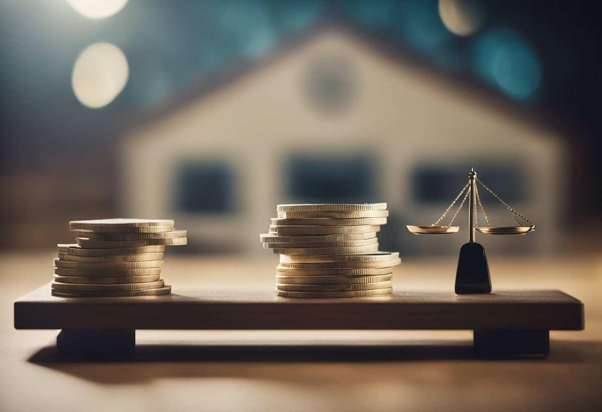 A scale with a stack of money on one side and various assets (house, car, stocks) on the other, illustrating the difference between income and wealth