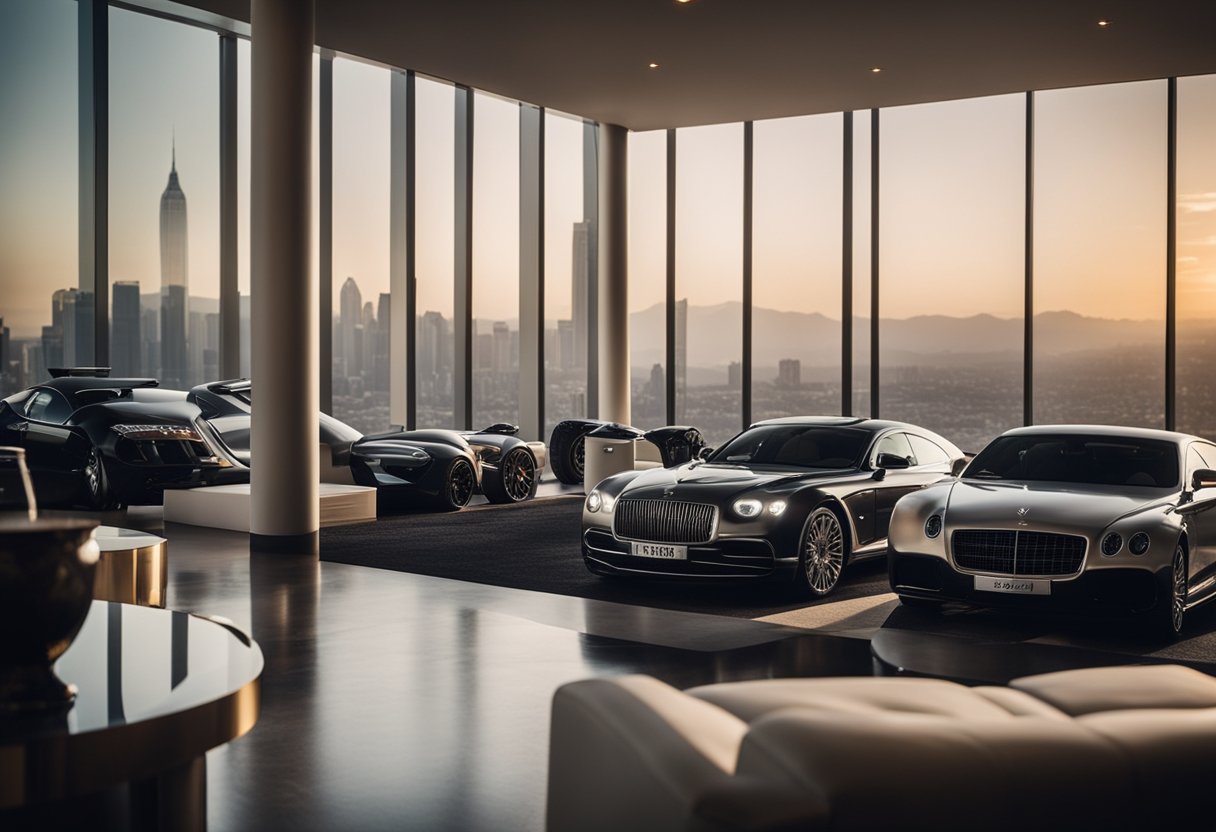 A lavish mansion surrounded by luxury cars, yachts, and private jets, with a backdrop of a sprawling estate and a panoramic view of the city skyline