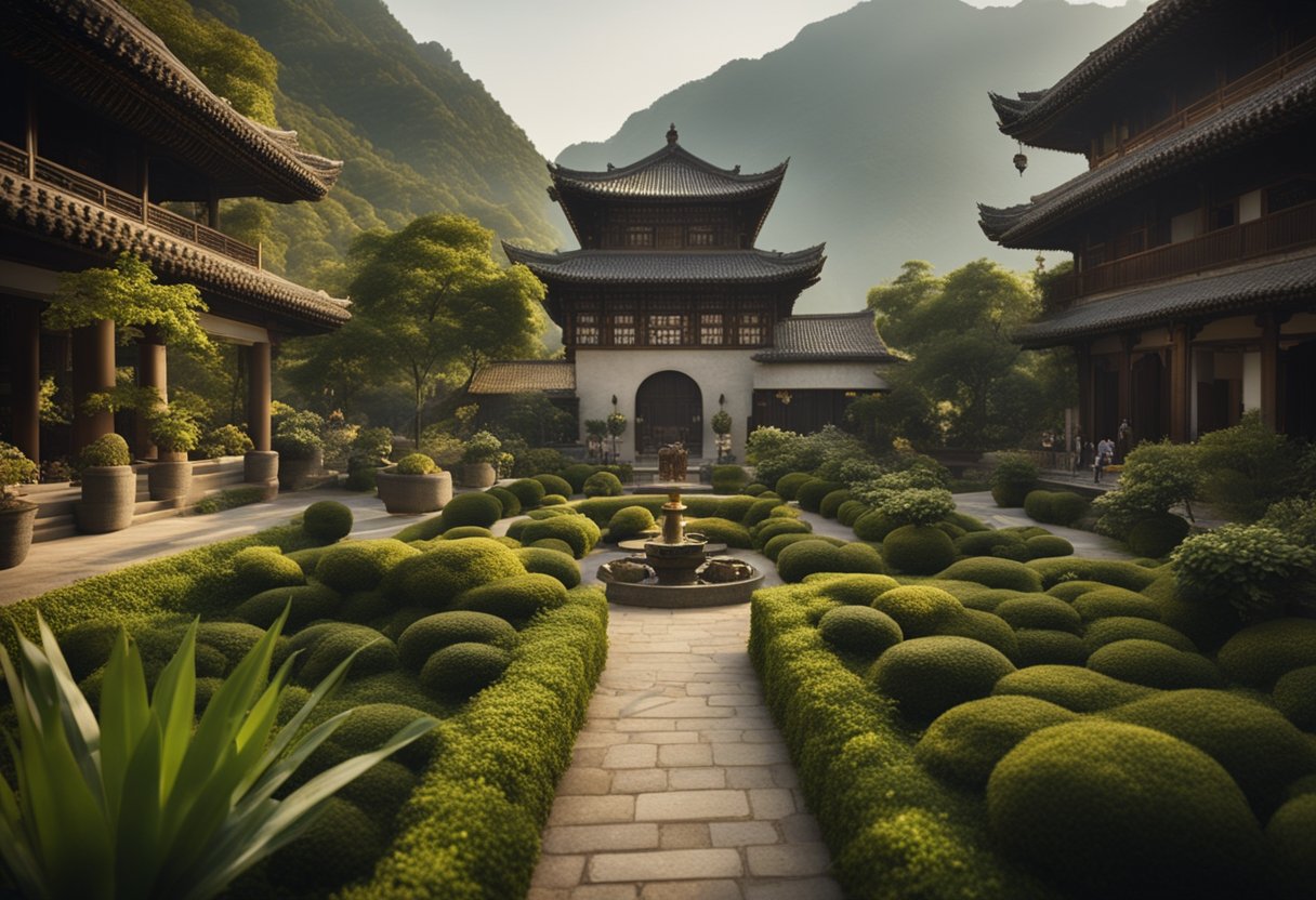 A diverse landscape with symbols of wealth: skyscrapers, lush gardens, and traditional architecture. Cultural elements like art and music are present, as well as natural elements such as mountains and rivers