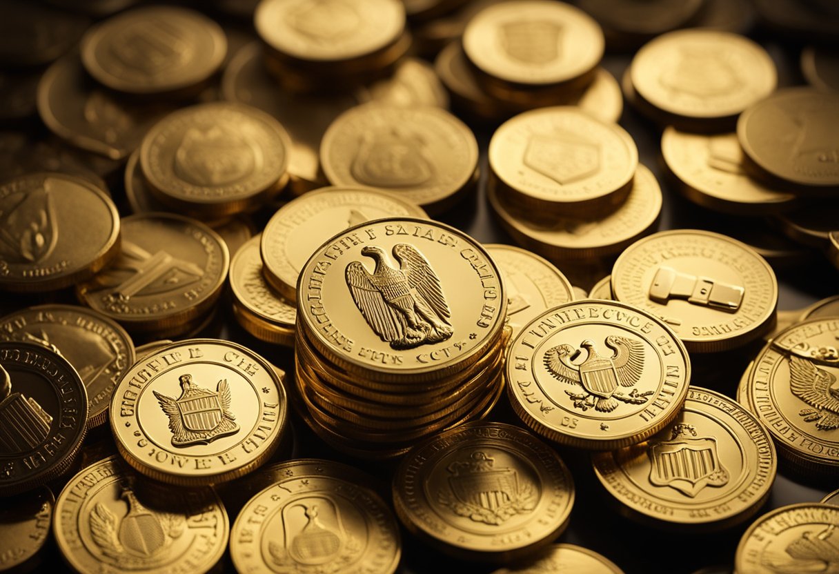 A stack of gold coins surrounded by a shield, lock, and key, symbolizing protection and security for wealth in the USA