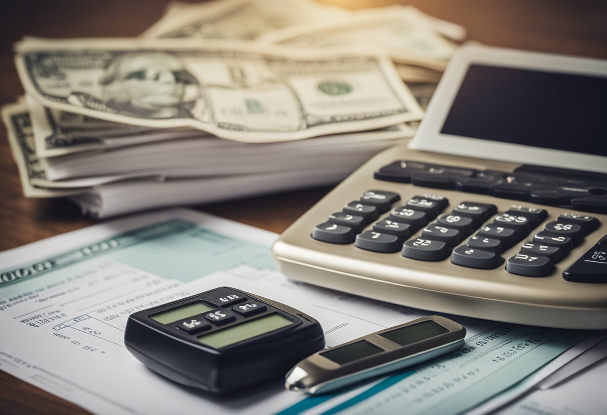 A stack of dollar bills surrounded by financial documents and a calculator, with a graph showing steady upward growth