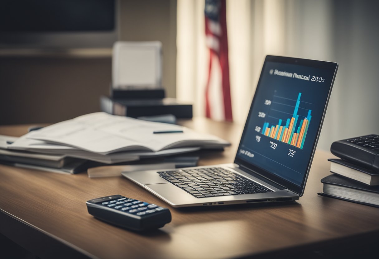 A desk with a laptop, calculator, and financial books. A chart showing financial growth. USA flag in the background