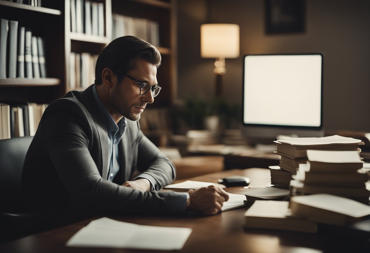 A person sitting at a desk, surrounded by books, a laptop, and financial documents. The person looks determined and focused, symbolizing resilience and discipline in pursuing financial success in the USA