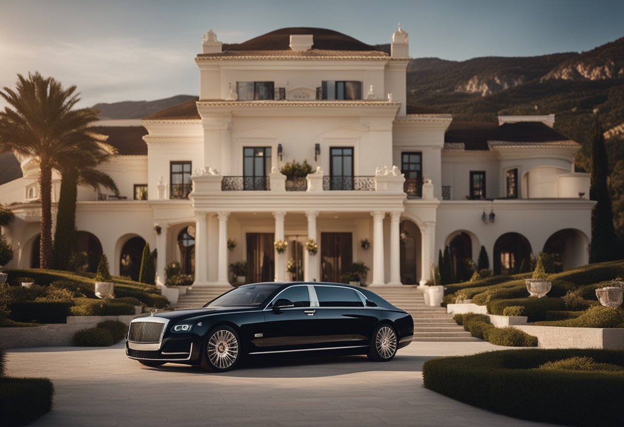 A luxurious mansion with opulent decor and extravagant furnishings, overlooking a breathtaking landscape. A private jet and luxury cars parked outside, symbolizing wealth and success