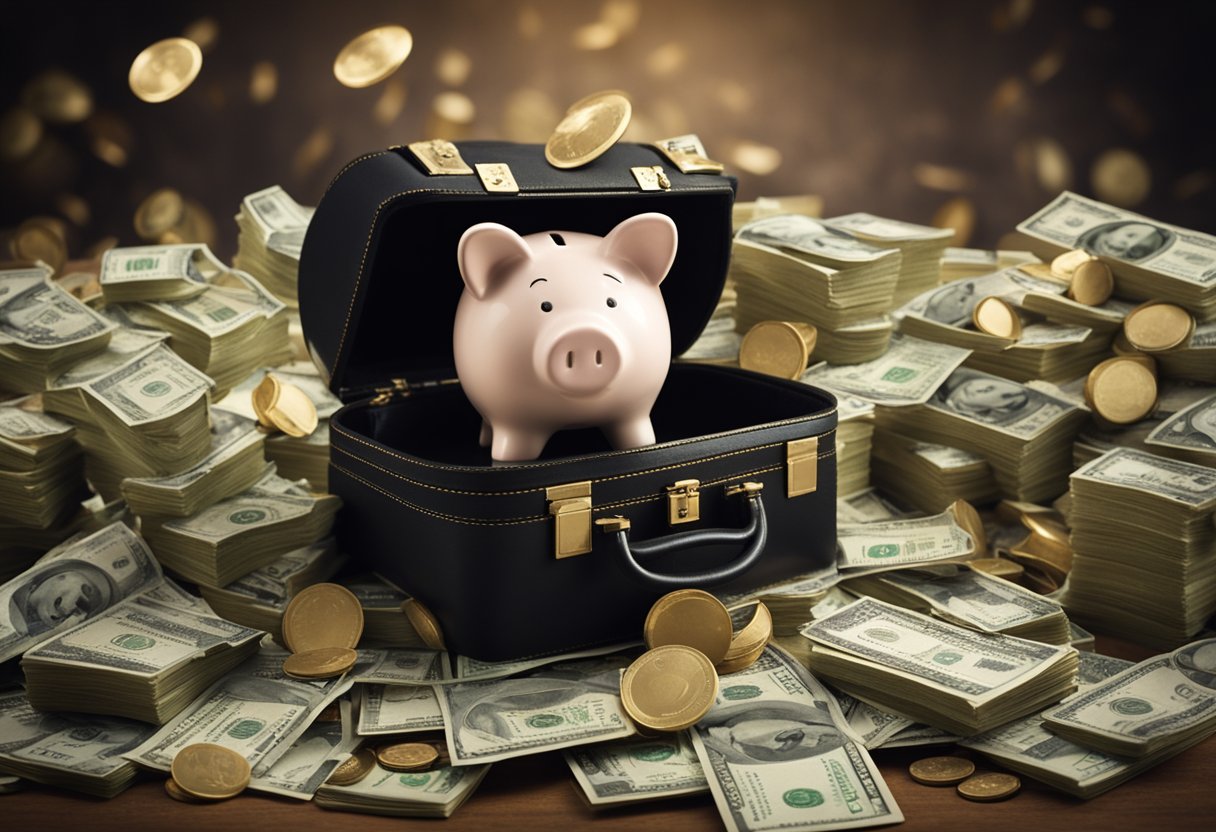 A pile of money overflowing from a piggy bank, surrounded by symbols of success like a diploma, a globe, a house, and a briefcase