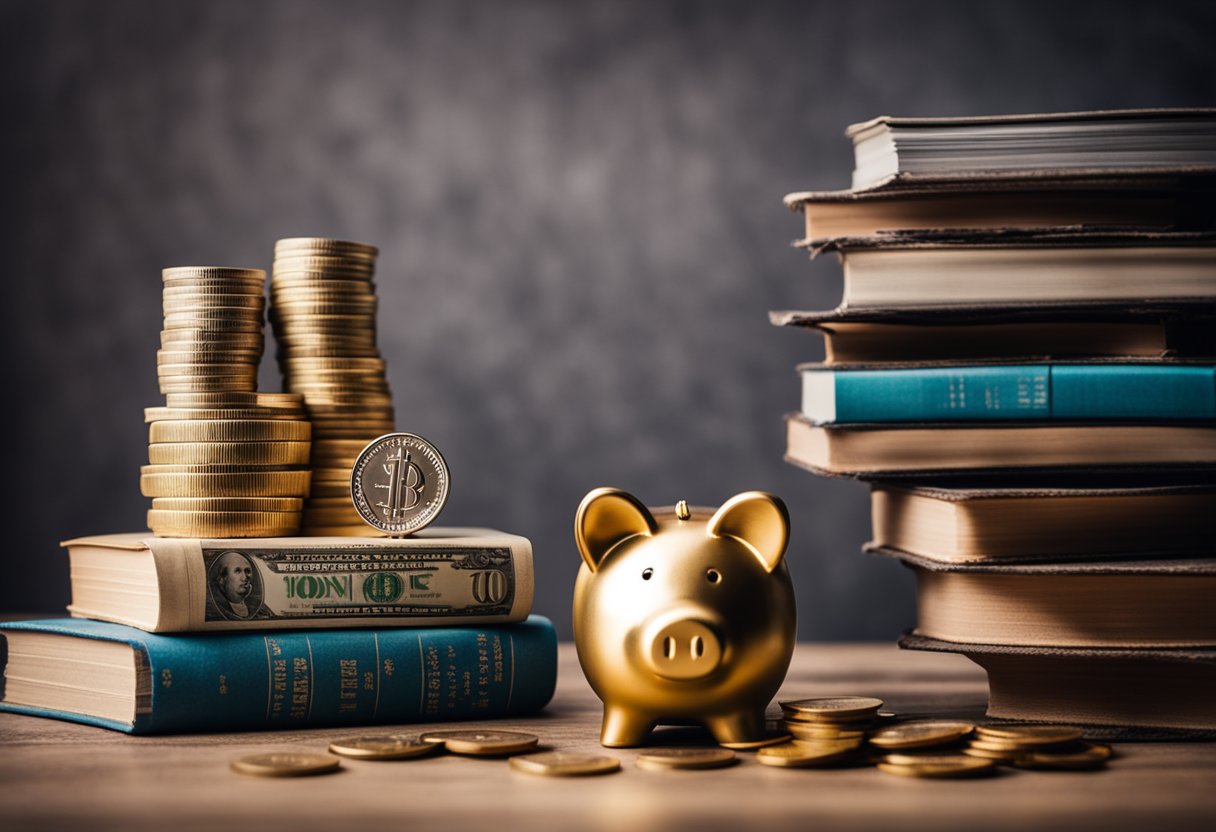 A stack of books on personal finance with a golden coin on top, surrounded by dollar bills and a piggy bank. A financial chart in the background shows upward growth