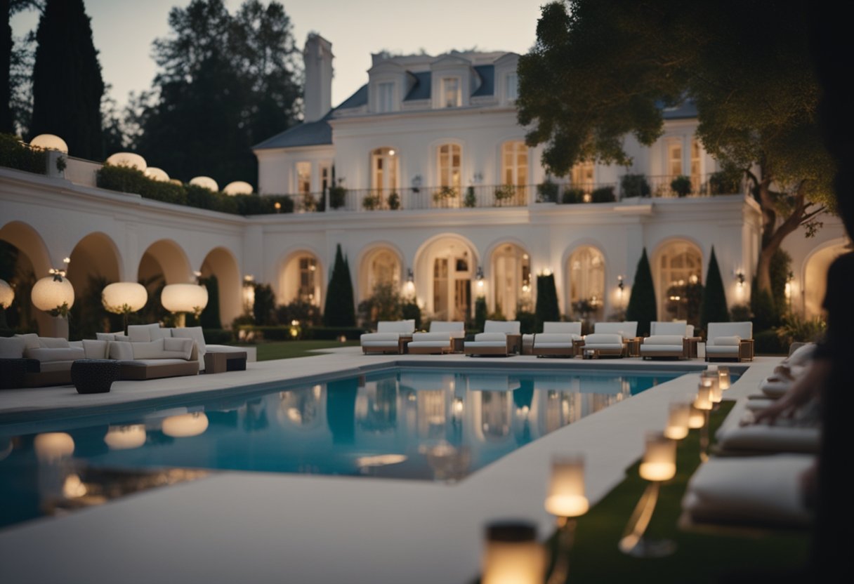 A luxurious mansion with a sprawling garden and a grand swimming pool. Expensive cars parked in the driveway. People enjoying a lavish outdoor party with champagne and gourmet food