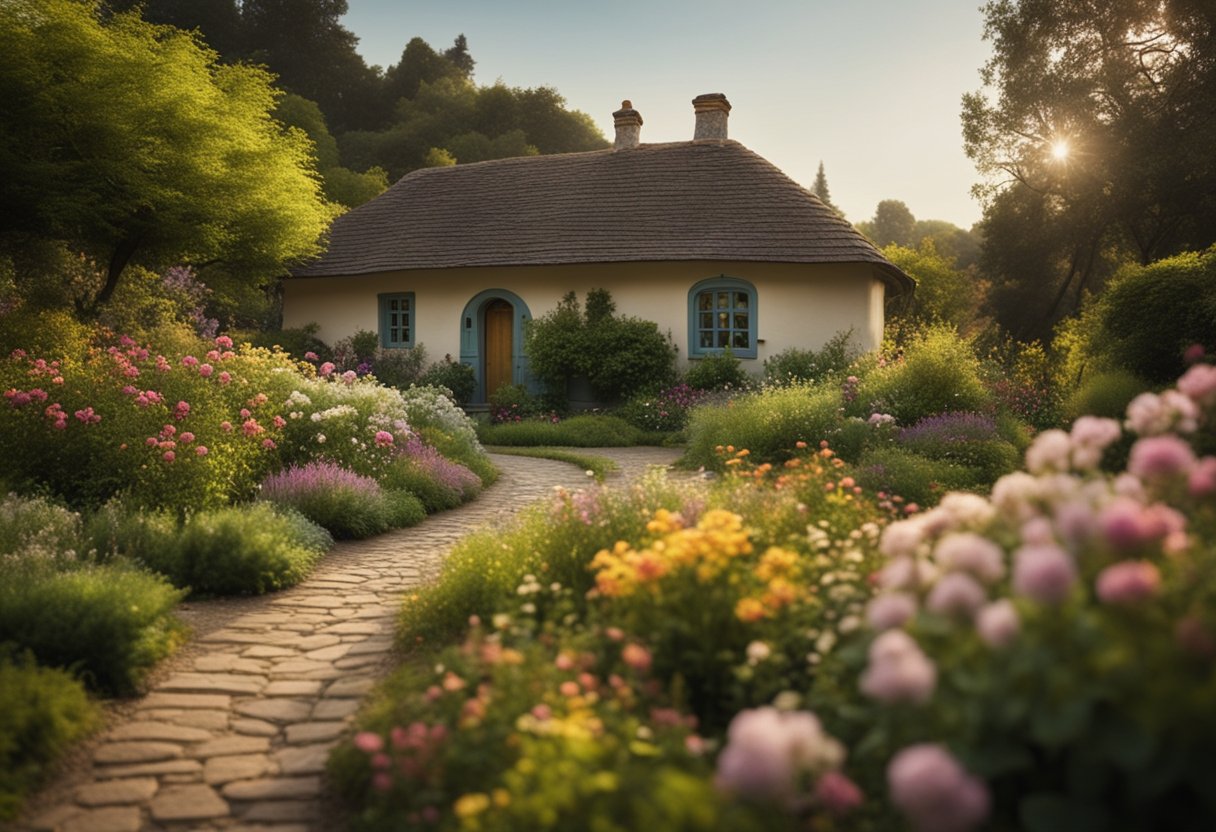 A serene garden with a winding path leading to a cozy, sunlit cottage surrounded by colorful flowers and lush greenery, evoking a sense of peace, contentment, and abundance