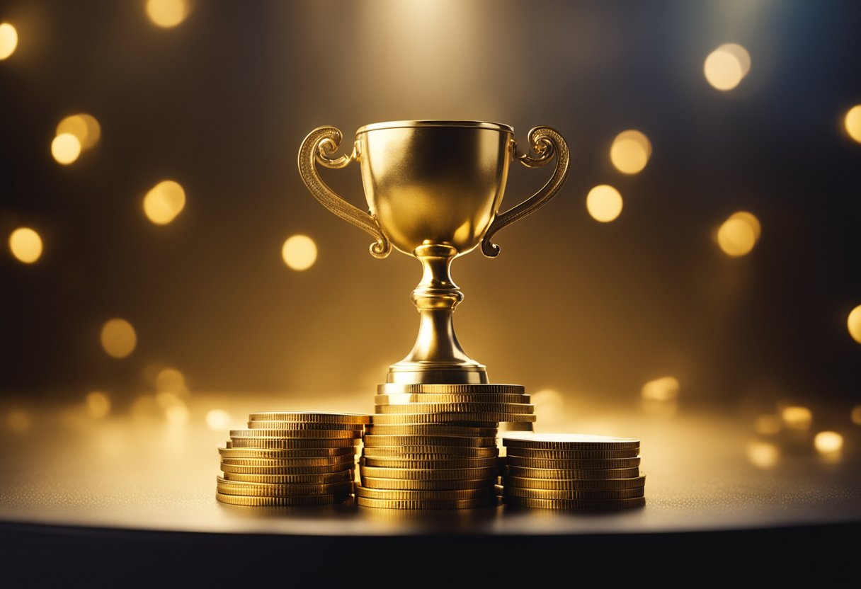 A stack of gold coins and a shining trophy sit on a pedestal, surrounded by glowing light and a sense of accomplishment