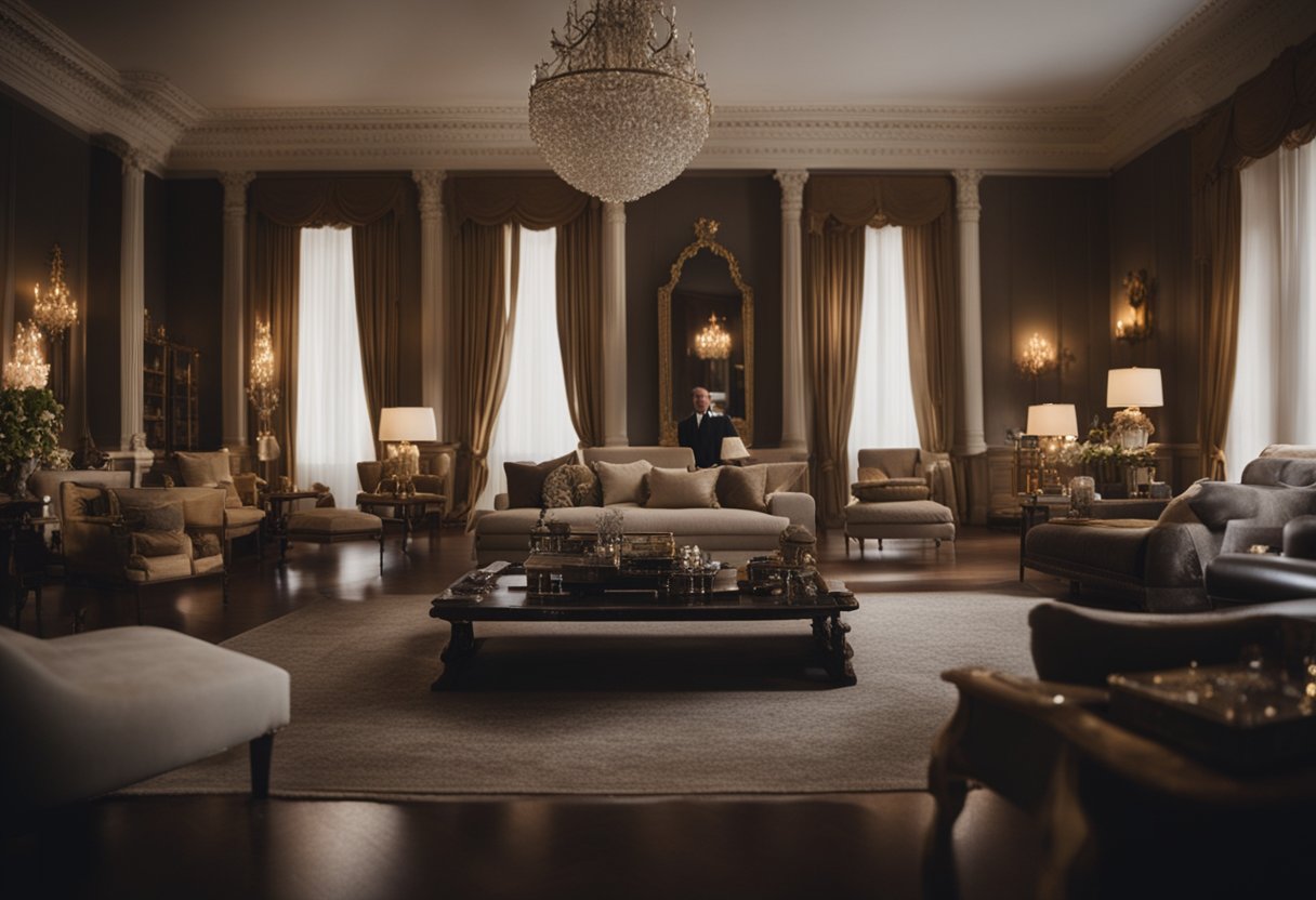 A lavish mansion with opulent decor, overflowing with material wealth. A person surrounded by expensive possessions, yet appearing empty and isolated