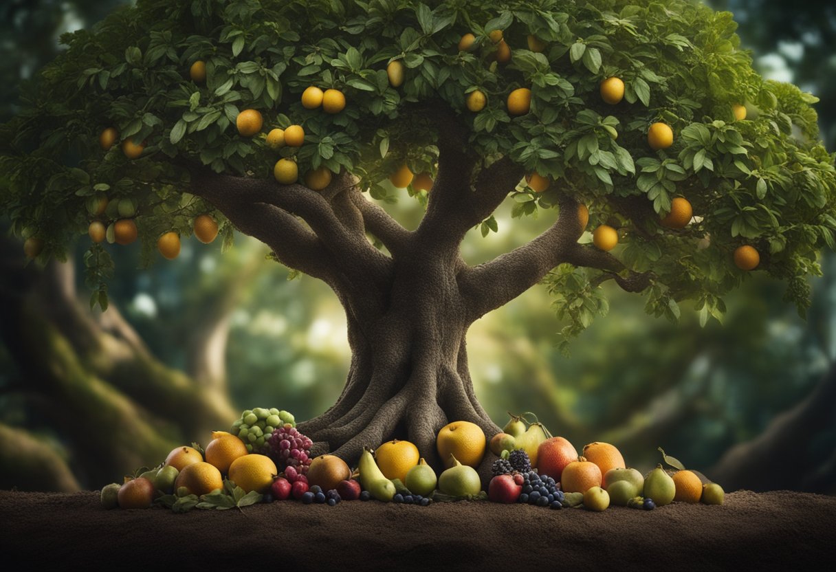 A large tree with deep roots and abundant fruit, surrounded by diverse wildlife and flourishing plant life, symbolizing a holistic understanding of wealth