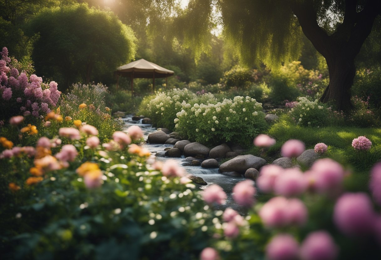 A lush garden with blooming flowers, ripe fruit trees, and a flowing stream, symbolizing abundance and holistic wealth