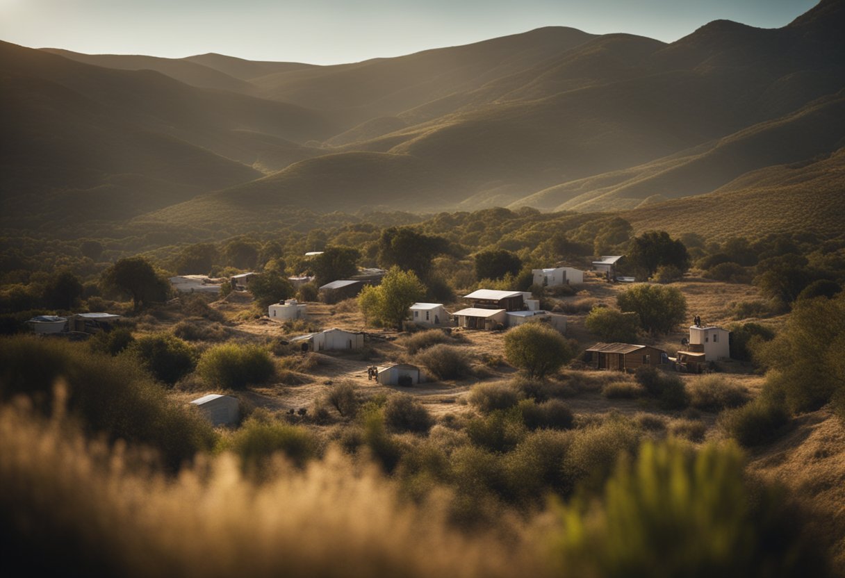 A diverse landscape with a mix of natural and man-made elements, showcasing a variety of assets such as land, property, investments, and cultural symbols