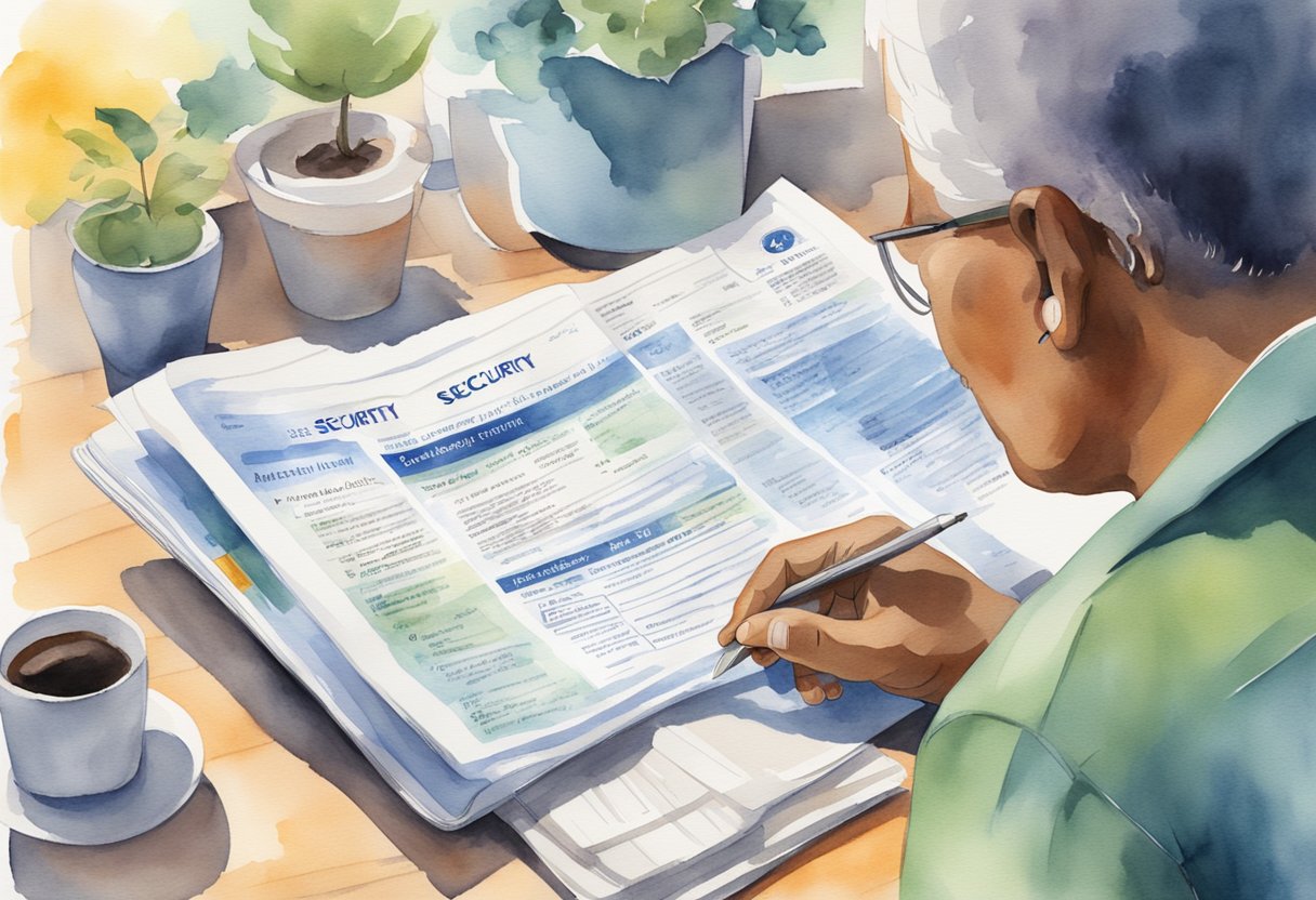 A person reading a Social Security guide with illustrations of disability benefits and explanations