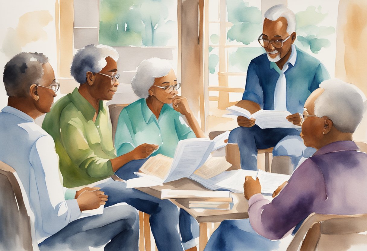 A diverse group of people engaging in discussions and activities related to social security rights and responsibilities. Multiple individuals reading a guidebook and exchanging information