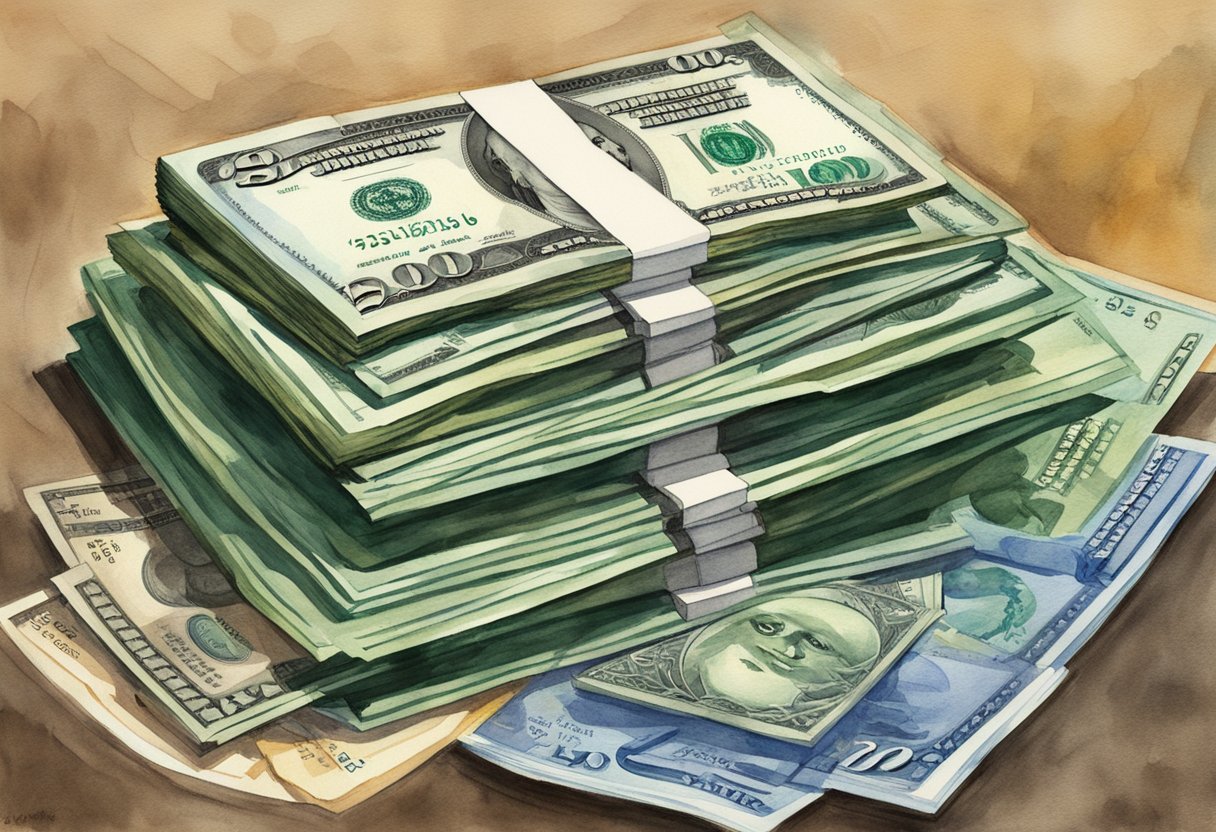 A stack of dollar bills with a portion being separated and labeled as "Social Security Taxes" while the remaining portion is labeled as "Income" with arrows pointing towards each section