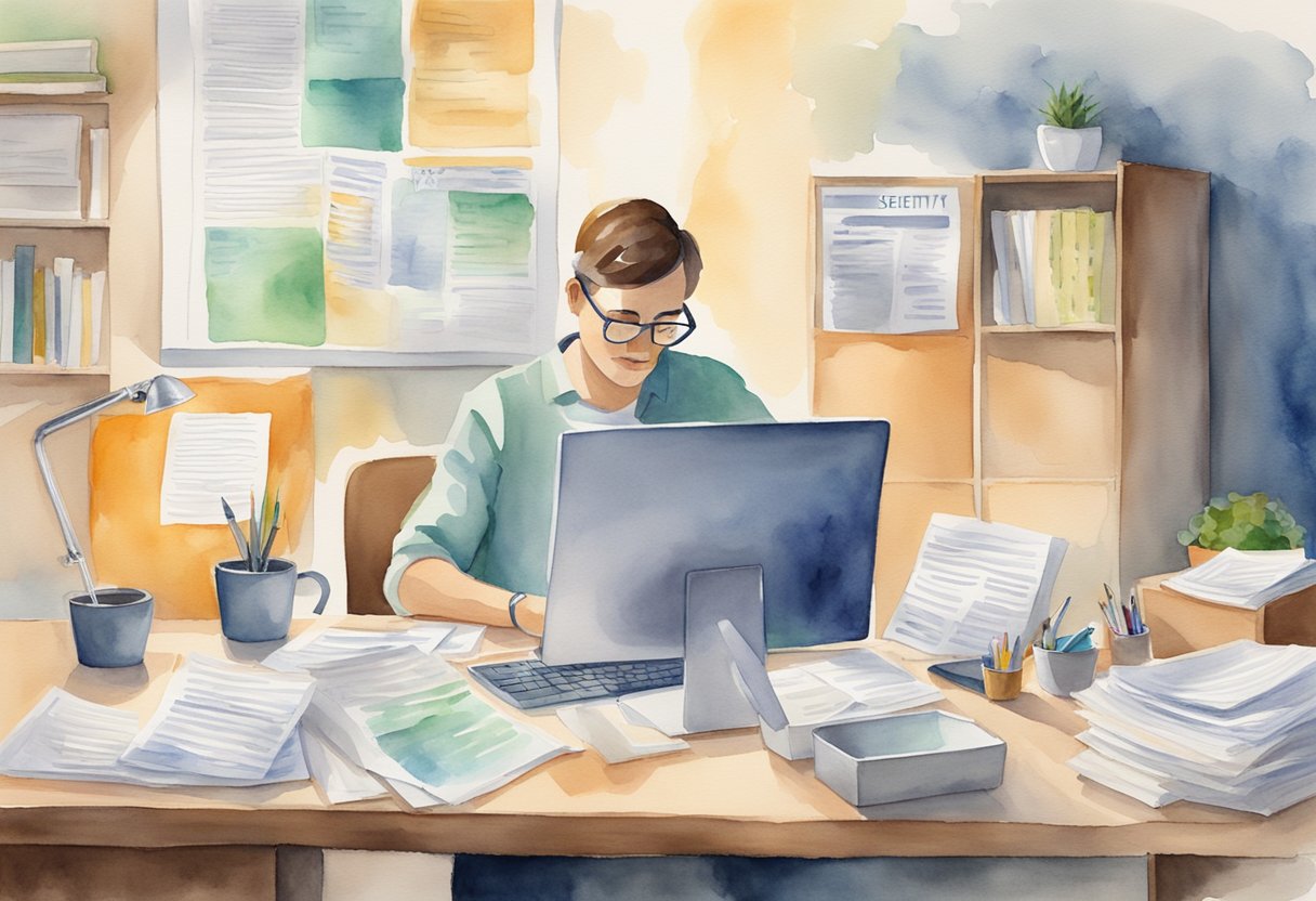 A person working at a desk with a computer, surrounded by paperwork and a Social Security Benefits guide