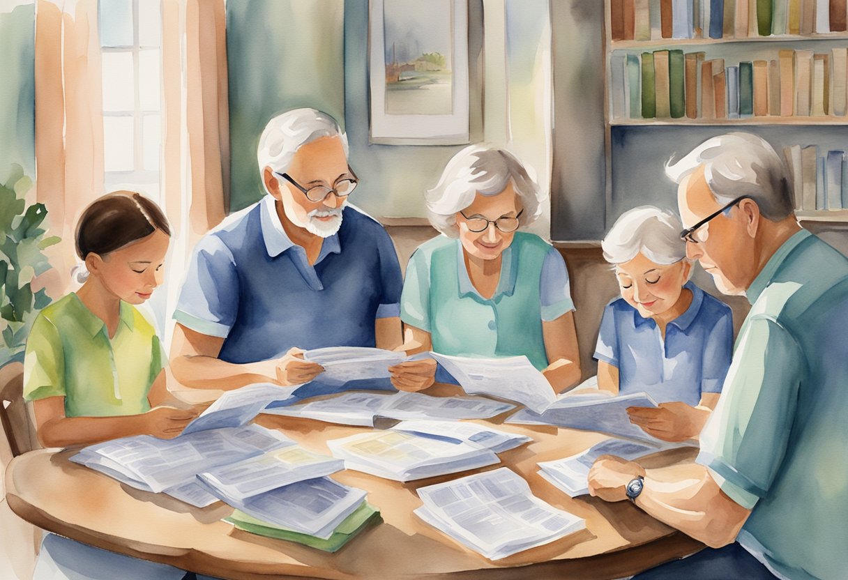 A family sits together reading a "Social Security Guide" with informational pamphlets spread out on a table
