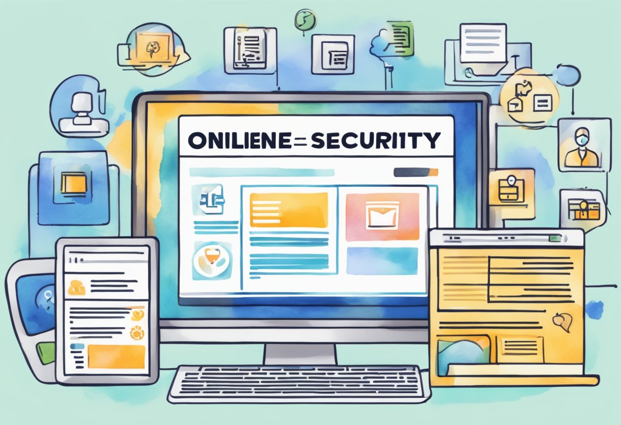 A computer screen displays a webpage titled "Online Services and Resources Social Security Guide," with icons for various services and resources