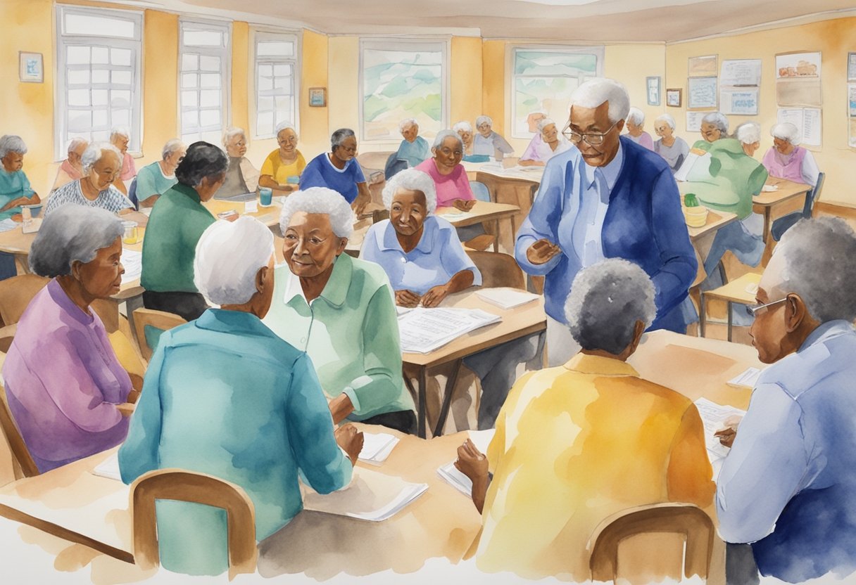 A group of elderly and low-income individuals gather in a community center, receiving guidance on social security programs. Tables are set up with informational materials, and a knowledgeable staff member assists with questions