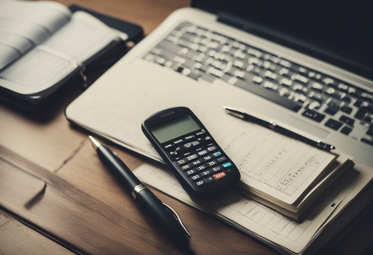 A desk cluttered with financial books, a laptop open to an investment website, a calendar with "Week 5" circled, and a pen ready to take notes