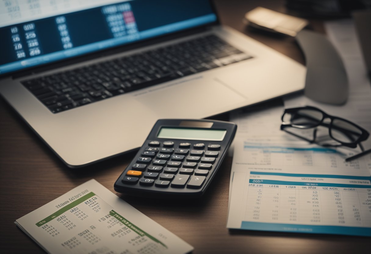 A desk with a laptop, calculator, and financial documents. A calendar showing "Week 6: Increase Your Income" and "7 Steps to Financial Freedom" prominently displayed
