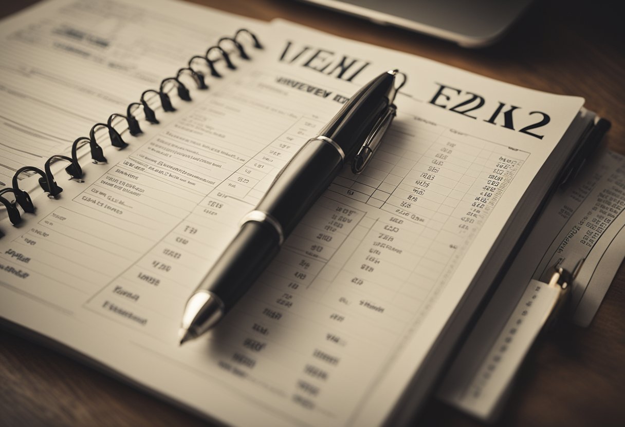 An open planner with "Week 7: Review and Adjust Your Plan" at the top, surrounded by financial documents and a pen