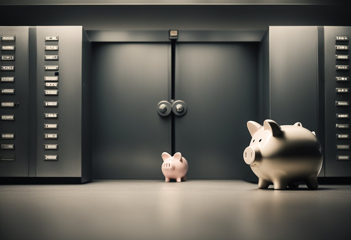 A barren landscape with a lone figure standing in front of a closed bank vault, surrounded by empty piggy banks and unpaid bills