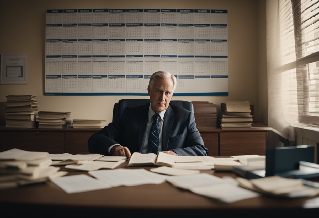 A person sitting at a desk, surrounded by government and community resources pamphlets. A calendar on the wall marks the retirement age of 60