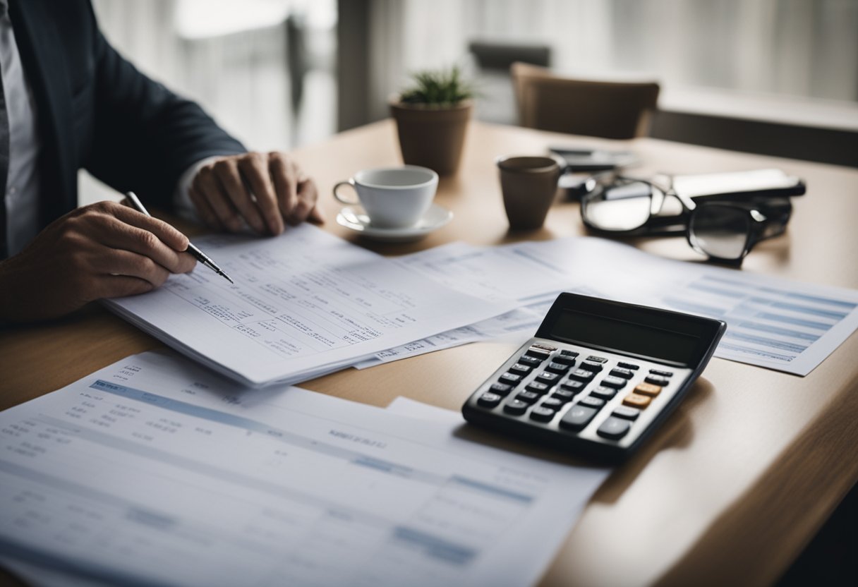 A table with spreadsheets and financial documents, a calculator, and a stack of bills. A person's hand writing notes on a budget worksheet