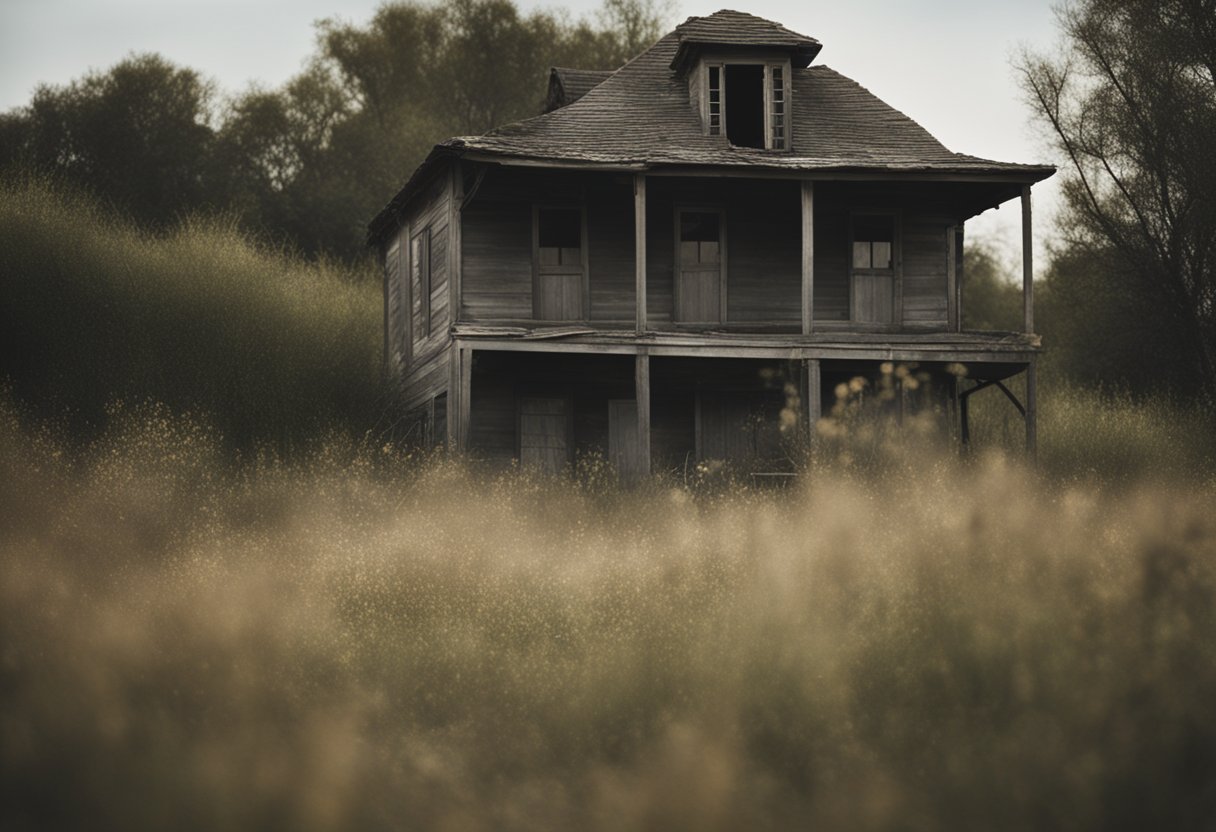 A desolate, barren landscape with a lone, dilapidated house symbolizing financial ruin. Overgrown weeds and a broken fence convey a sense of neglect and hopelessness