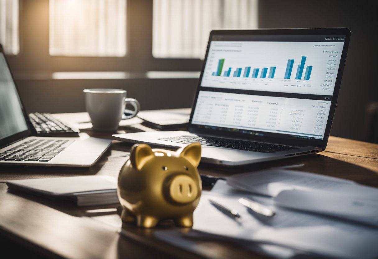 A desk with a laptop, books, and financial documents. A chart showing income sources. A piggy bank and investment portfolio on the side