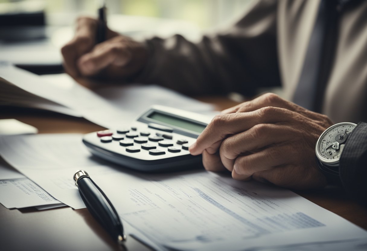 A stack of medical bills and a calculator on a desk, with a worried parent looking at financial documents