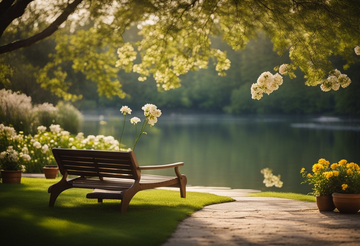 A serene garden with blooming flowers, a cozy reading nook, and a peaceful lake surrounded by trees, capturing the tranquility and contentment of retirement