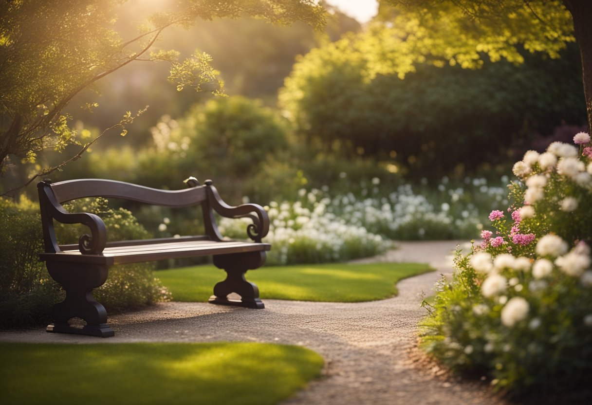 A serene garden with a winding path, blooming flowers, and a cozy bench under a shady tree, surrounded by books and resources on maximizing happiness in retirement