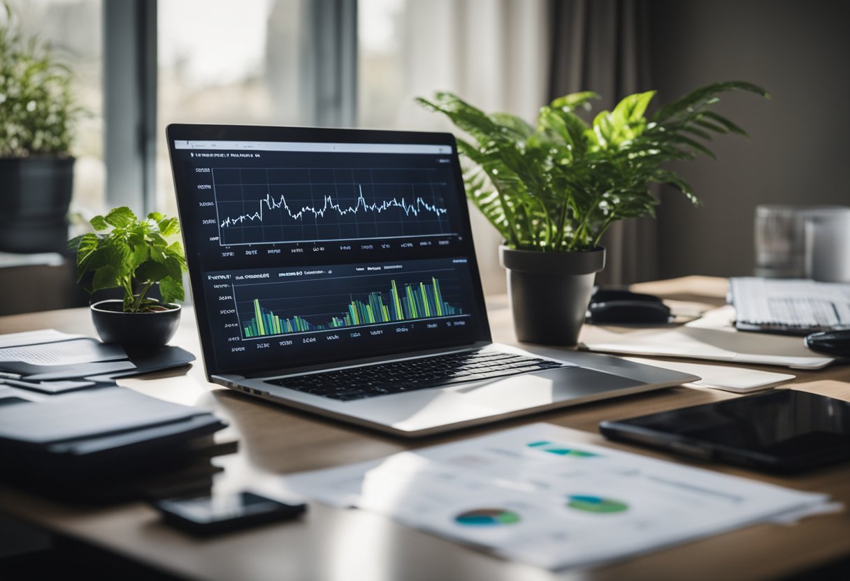 A stack of financial documents and charts, with a graph showing steady growth. A computer screen displays investment options. A plant sits on a desk, symbolizing growth and stability